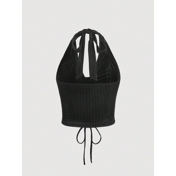 Women’s Plus Size Crop Top Lace Up Front Halter Open Back Casual Sleeveless - Picture 2 of 4